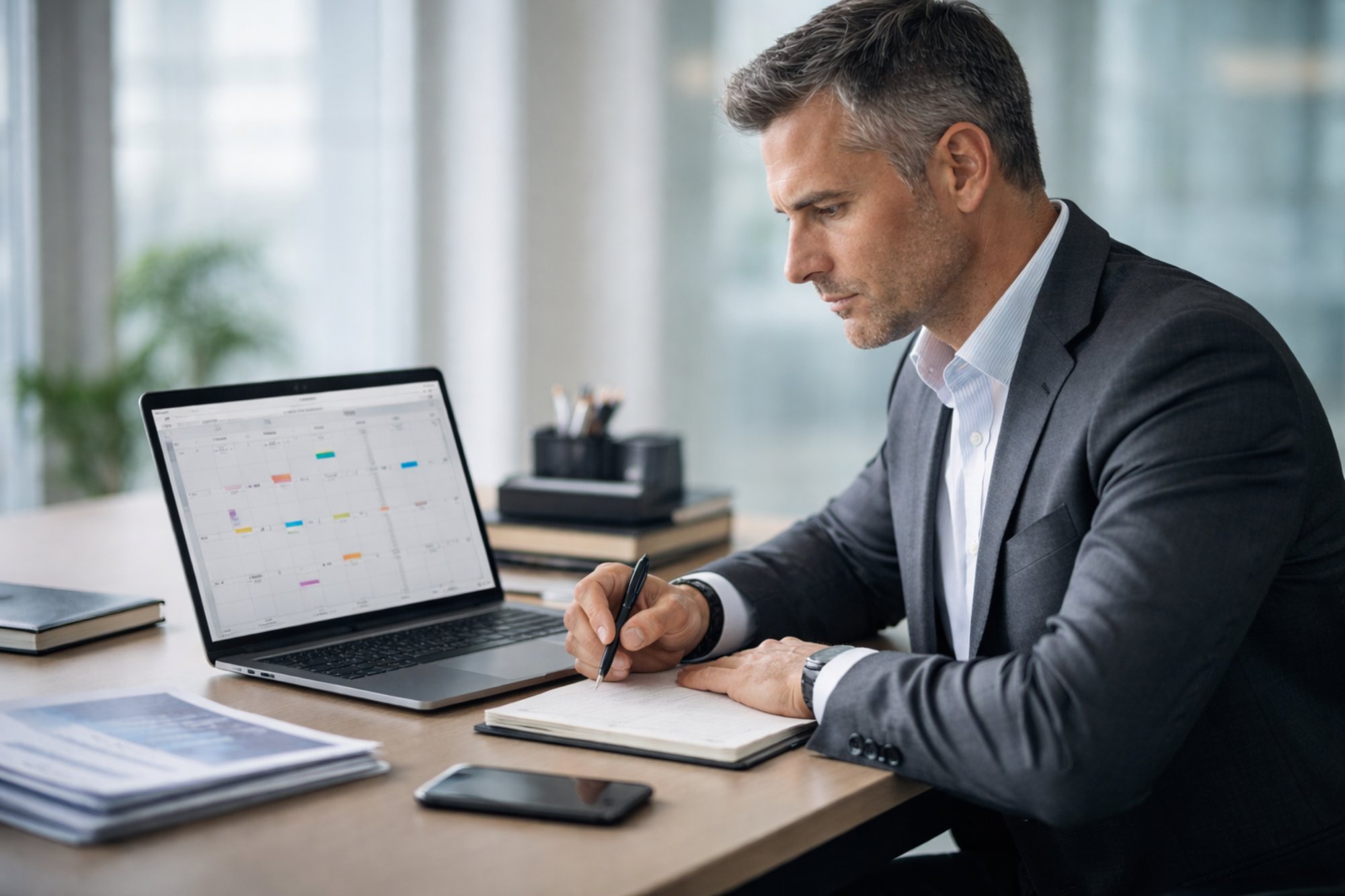 Professionals bespreken planning en dashboard op tablet